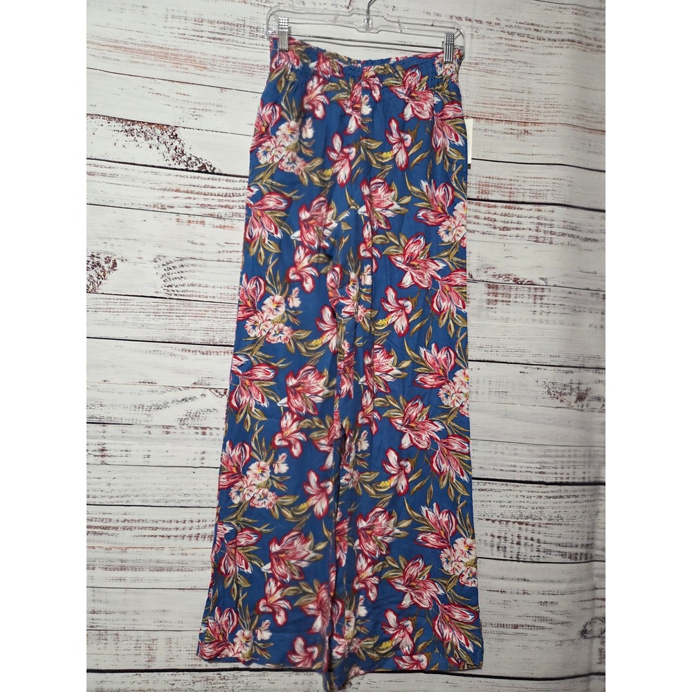 A New Day Blue Floral Wide Leg Linen Blend Pants XS Long NWT High Rise Tropical